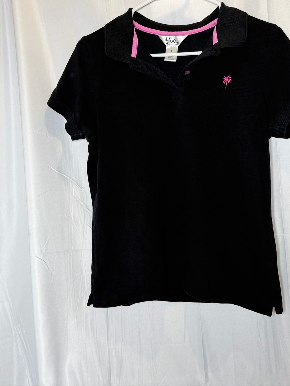 Lilly Pulitzer Black Polo with Pink Palm Logo